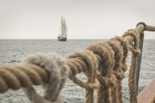 Denmark, Baltic sea, Traditional sailing ship seen from gaff schooner deck?