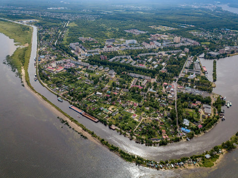 Aerial view of Neva river in town during sunny day, Shlisselburg, Russia