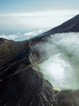 Indonesia, Java, Aerial view of green sulphuric lake of Ijen volcano