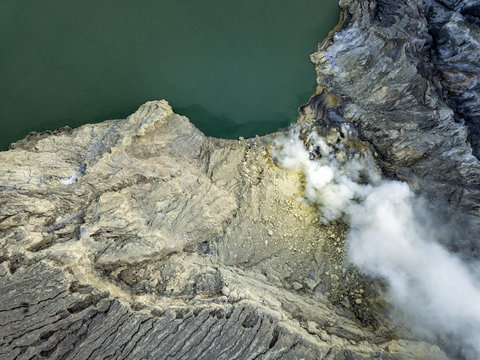 Indonesia, Java, Aerial view of green sulphuric lake of Ijen volcano