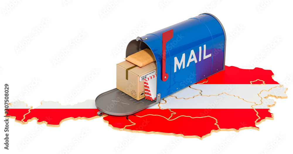 Poster mailbox on the austrian map. shipping in austria, concept. 3d rendering