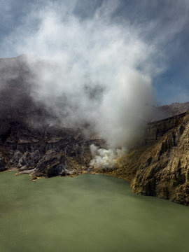 Indonesia, Java, Aerial view of green sulphuric lake of Ijen volcano