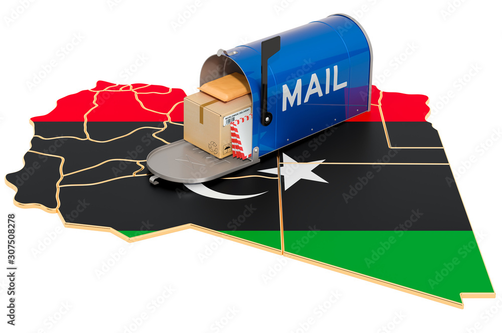 Poster mailbox on the libyan map. shipping in libya, concept. 3d rendering