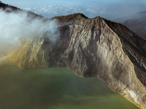 Indonesia, Java, Aerial view of green sulphuric lake of Ijen volcano
