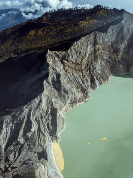 Indonesia, Java, Aerial view of green sulphuric lake of Ijen volcano