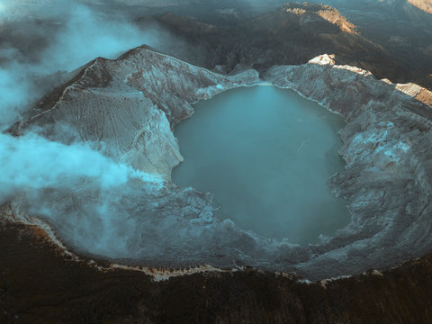 Indonesia, Java, Aerial view of sulphuric lake of?Ijen?volcano