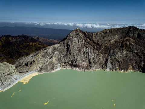 Indonesia, Java, Aerial view of green sulphuric lake of Ijen volcano