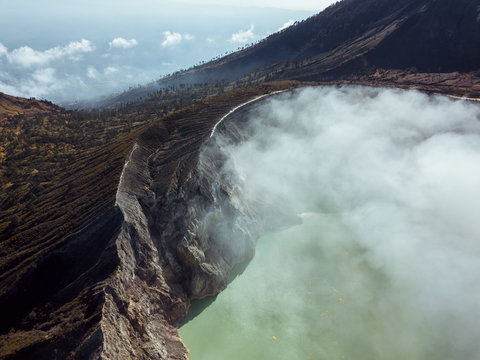Indonesia, Java, Aerial view of green sulphuric lake of Ijen volcano