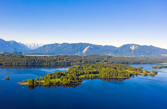 Scenic view of Lake Staffelsee and mountains against clear blue sky, W?rth, Germany