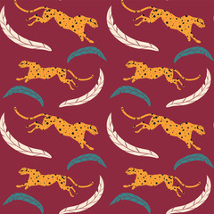 Pattern - jaguar running on a bright red background - fairy tale, mythology - vector. Animal world