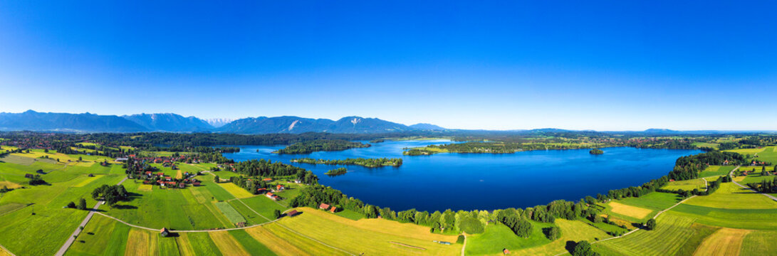 Panoramic view of Seehausen against clear blue sky Bavarian Alps in Germany