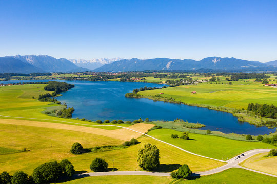 Riegsee lake in Bavarian Alps against clear sky, Germany