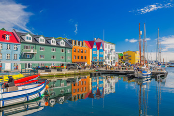 Torshawn city, the capital of The Faroe Islands, Denmark. Vestaravag harbor in Torshavn with its boats and colorful buildings