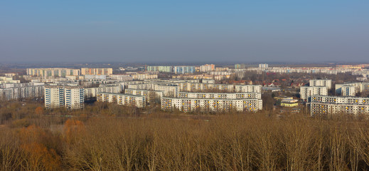 Berlin Marzahn Hellersdorf Ost-Deutschland typische Plattenbau Siedlung, DDR Architektur Panorama Wohnungsgenossenschaft genossenschaftlich wohnen sanierte Plattenbauten WBS70 Typenbauten Platte QP64