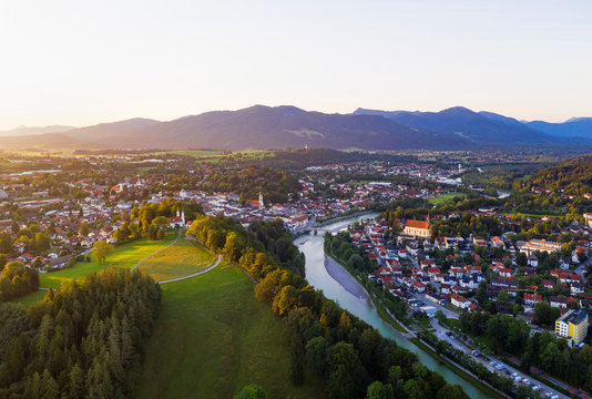 Aerial view of Calvary hill and Isar river against sky, Isarwinkel, Upper Bavaria, Bavaria, Germany
