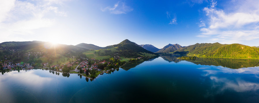 Panoramic view of Lake Schliersee and mountains against sky