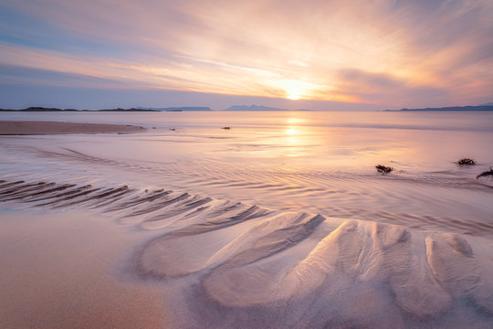 Scenic view of Camusdarach Beach against sky during sunset, Lochaber, Scotland, UK