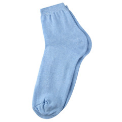 blue female sock made of fabric on a white background, short