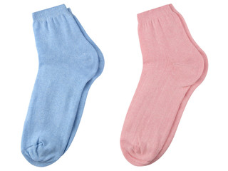 set of blue and pink female fabric socks on a white background, short