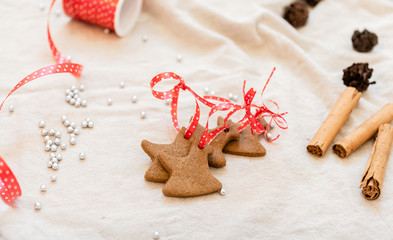 Homemade gingerbread cookies for christmas tree and other winter decorations