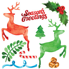 Watercolor illustration of Christmas elements set such as reindeer, branches with red berries, tree and ribbon with winter seasons lettering