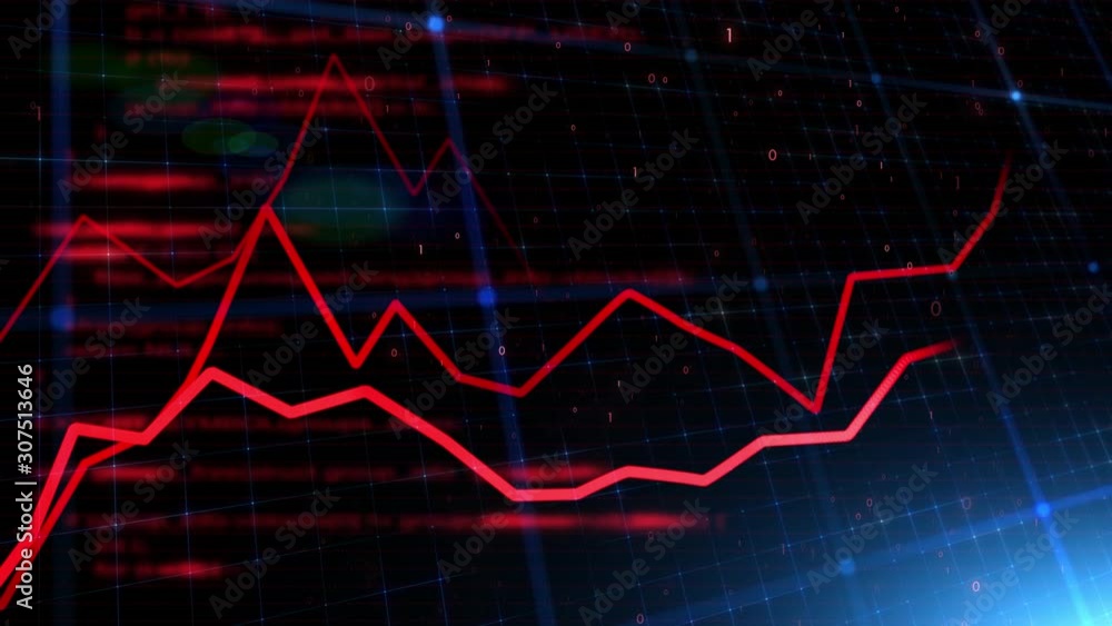 Poster artistic financial business chart with red diagrams and blurry stock numbers showing losses over tim