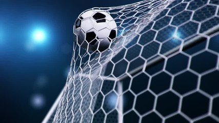 Soccer ball flies beautifully into the goal in slow motion. Soccer ball flies into the goal bending the grid on flares background, ball rotating in slow motion. Moment delight football 3d 4k animation