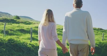 Happy healthy older couple holding hands taking a walk on a sunny day outdoors on a country road, senior couple enjoying retirement together - Powered by Adobe