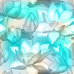 Lotus buds and flowers seamless background., Water lilly nelumbo aquatic plant illustration.