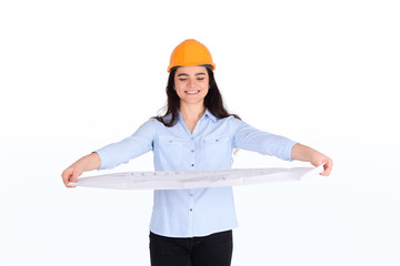 Female architect holding blueprint.