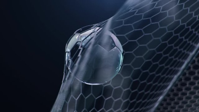 Soccer ball flies beautifully into the goal in slow motion. Soccer ball flies into the goal bending the grid on flares background, ball rotating in slow motion. Moment delight football 3d 4k animation