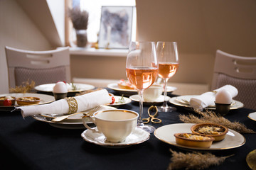 Home table setting with wine. Vintage style