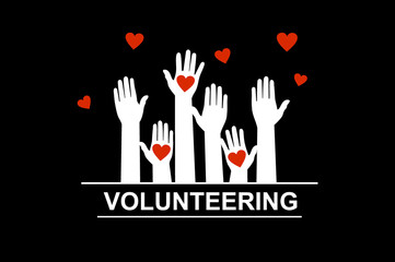 Hands with hearts. Raised hands volunteering vector concept