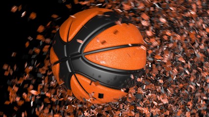 Orange-Black Basketball with Spiral Particles of Motion Blur. 3D illustration. 3D high quality rendering. 3D CG.