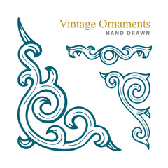 Vintage ornaments set. Hand drawn engraved style vector corner ornament, divide and decorative elements. Part of set. 