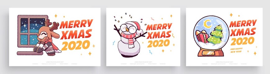 New Year 2020 And Christmas Greeting Card collection. Cute holiday themed Characters and situations