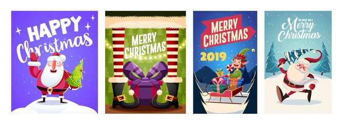Set of Merry Christmas and Happy new Year greeting cards design with Christmas characters. Vector illustration