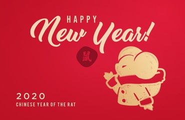 Fototapeta na wymiar Greeting card in Chinese Style. 2020 Happy New Year Card. Mouse, Rat Symbol of the year. Vector Illustration