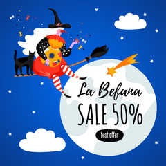 Fototapeta premium Promotion card with text La Befana. Sale. Best offer. Italian Christmas holiday. Cute witch and cat for Happy Epiphany day.