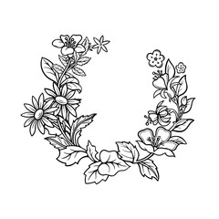 Floral wreath. Hand drawn different flowers and plants wreath vector illustration. Sketched floral frame. Part of set. 