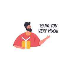 Design template card for International Thank You Day. Cute character on festive poster. Man and gift.