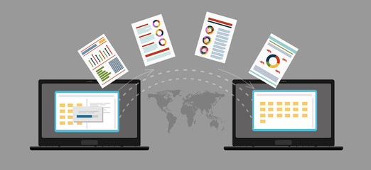 File transfer. Two laptops with folders on screen and transferred documents. Copy files, data exchange, backup, PC migration, file sharing concepts. Flat design graphic elements. Vector illustration