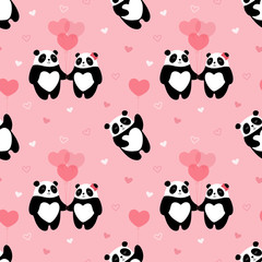 Seamless cute pattern, pandas, hearts, lovers, gift, valentine, bear flies in a balloon, winter, valentines day. Print for textile, fabric, wallpaper, paper. Vector illustration for children.