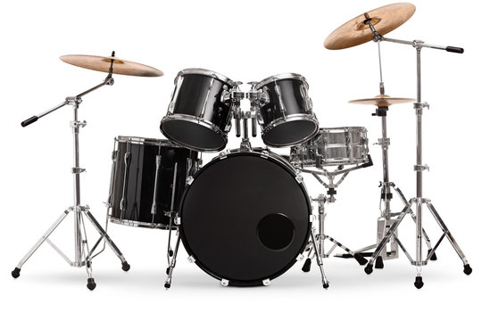 Studio shot of a black and silver drum kit