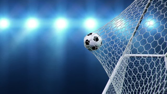 Soccer ball flies beautifully into the goal in slow motion. Soccer ball flies into the goal bending the grid on flares background, ball rotating in slow motion. Moment delight football 3d 4k animation