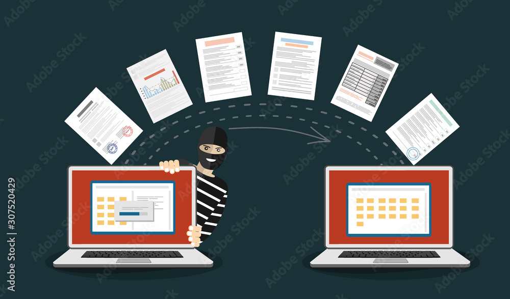 Poster data phishing, hacker attack.thief hacker in mask stealing personal information from laptop. useful 