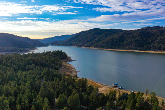 Daytime aerial view over Big Bear Lake