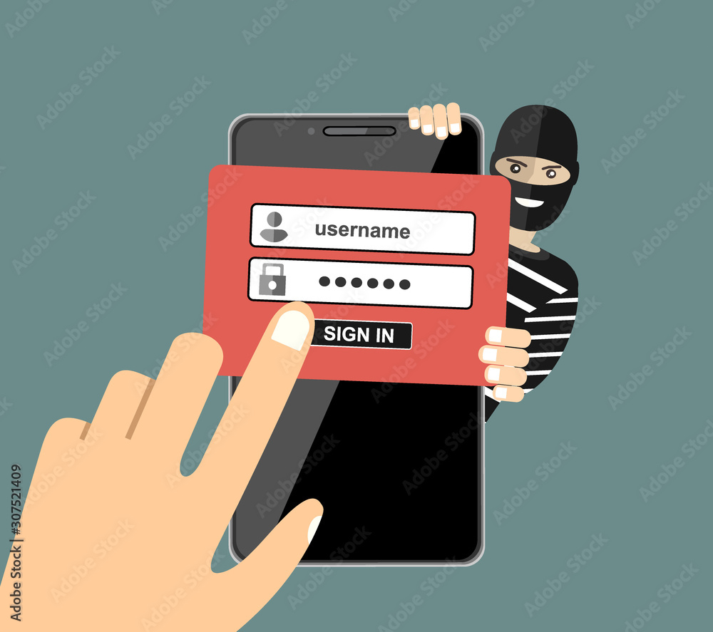 Poster thief hacker in mask stealing passwords from smartphone. anti phishing and internet viruses concept.