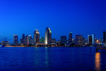Fototapeta na wymiar Evening view San Diego Downtown and Gas Lamp District from Coronado Island