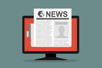 Newspaper on a PC. Vector illustration in flat design